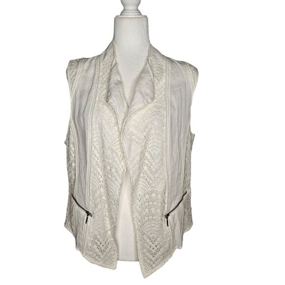 Chico's Linen Crocheted Lace Mix Vest, Zipper Pockets Size 1 Medium 8/10 White - Picture 1 of 8